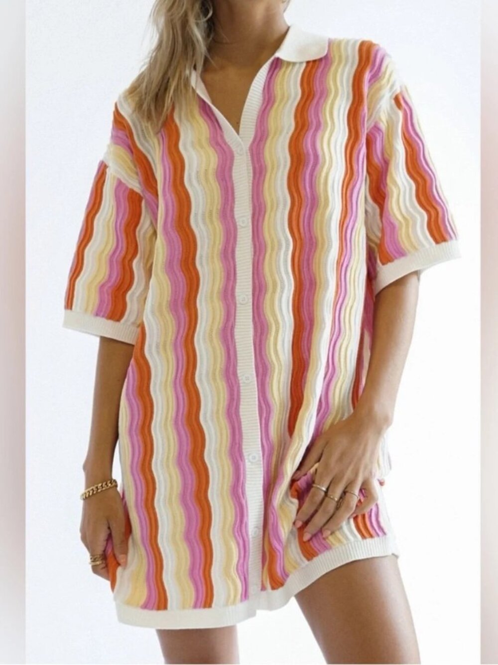 YLLW the Label Orange‎ Pink Chevron Felix Knit Button Up Dress